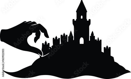 Hand Pinching a Silhouette Castle with Towers, Walls, and Hill on White Background