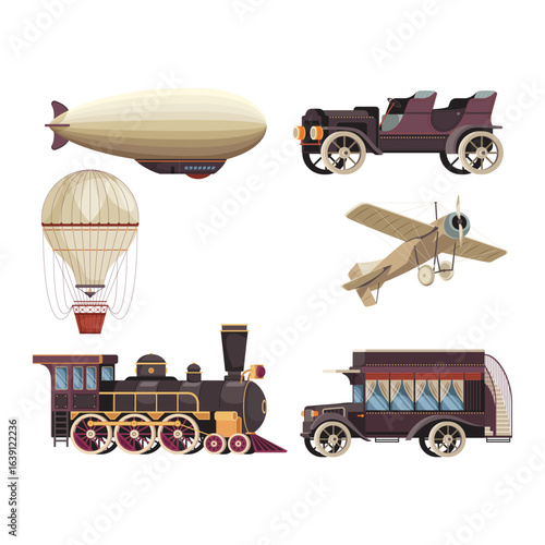 A concept collection of vintage transportation vehicle illustrations