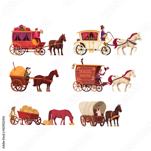 Collection of historical horse-drawn carriages and wagons concept