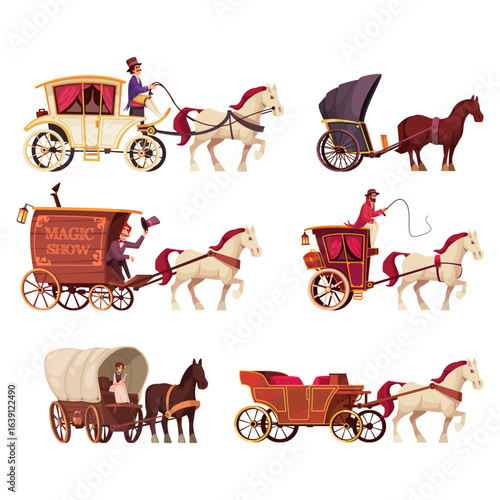 A collection of vintage horse-drawn carriages and historical coaches