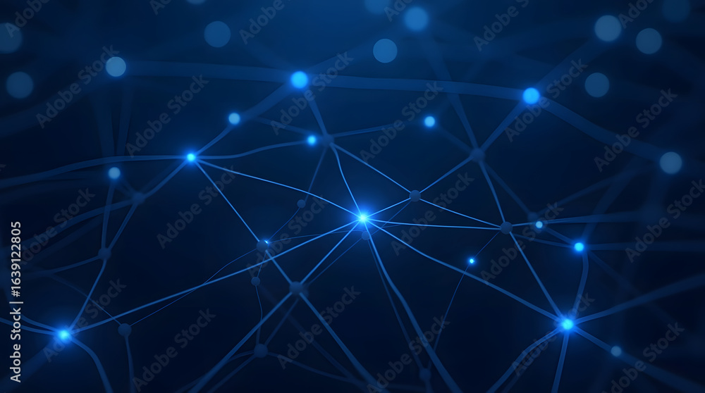 Fototapeta premium An abstract blue background with glowing nodes and lines forming a complex network. Represents communication, technology, big data, or global connections.