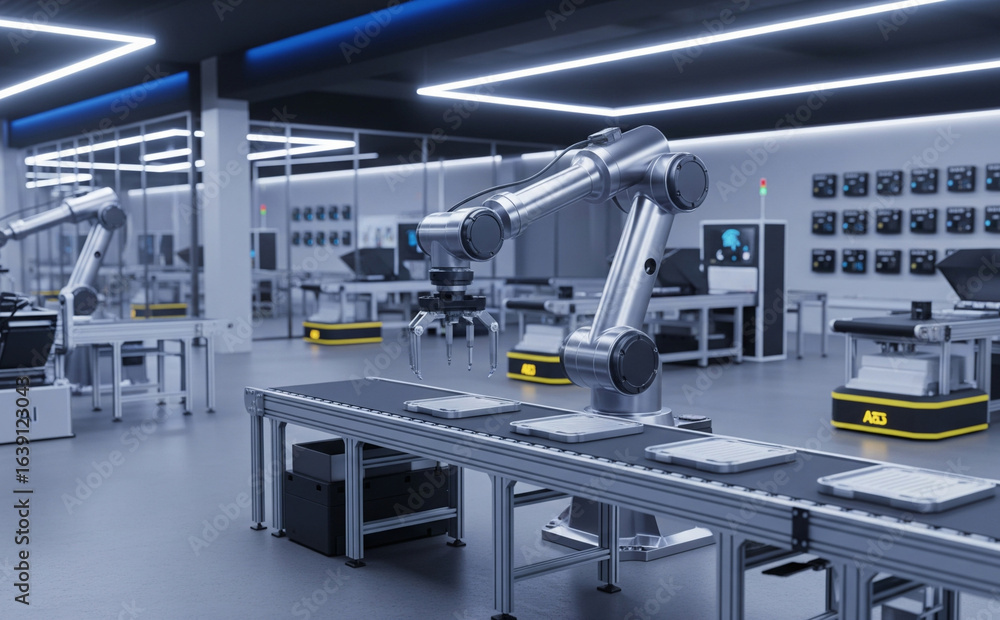 Naklejka premium Digital Twin Simulation Of A Smart Factory With Ai Controlled Machines And Iot Devices