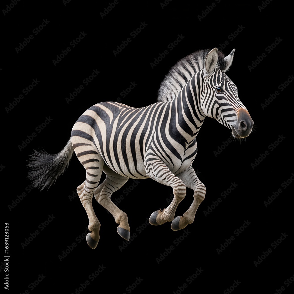 Fototapeta premium Striking zebra leaps against dark background
