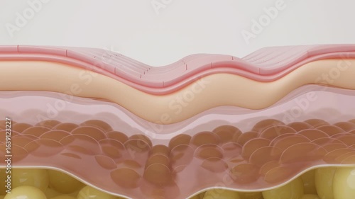 Skin aging process showing volume loss and wrinkle formation 3D