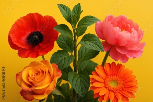 Wallpaper Mural A vibrant bouquet of red poppies, yellow roses, and pink peonies stands out against a cheerful yellow backdrop, symbolizing the beauty and resilience of nature Torontodigital.ca