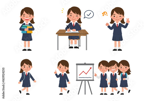 A collection of illustrations depicting a young schoolgirl in various poses and activities.