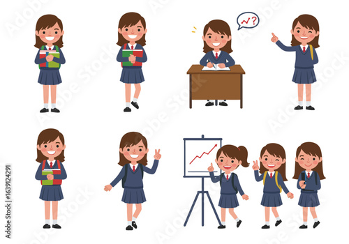 A set of cheerful cartoon illustrations featuring a young schoolgirl in uniform engaged in various educational poses and activities.
