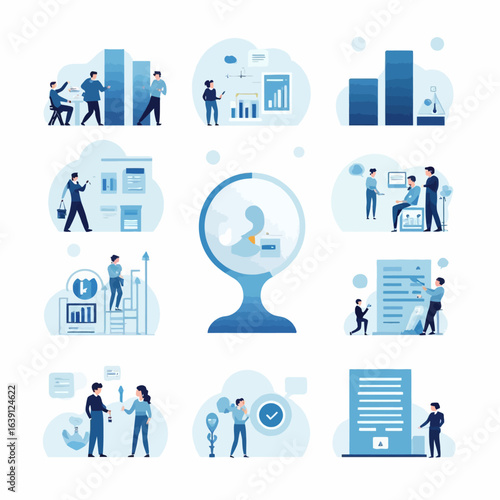 Global business analytics: teamwork, data analysis, and strategic planning visualized through diverse professionals collaborating on projects and interpreting charts.