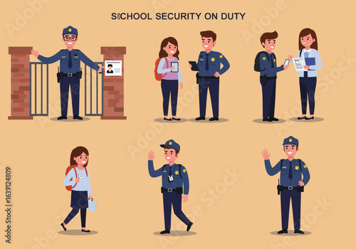 A collection of illustrations showing school security guards on duty at the entrance and interacting with students.