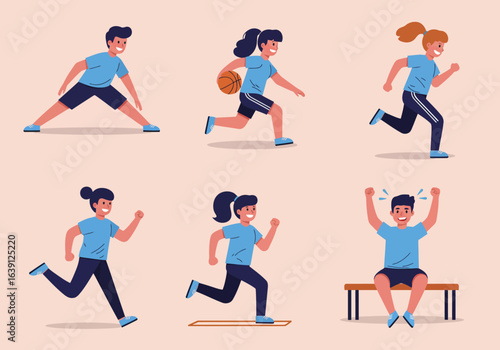 Cartoon illustration of diverse children and teenagers engaged in various athletic activities, including stretching, running, and playing basketball.