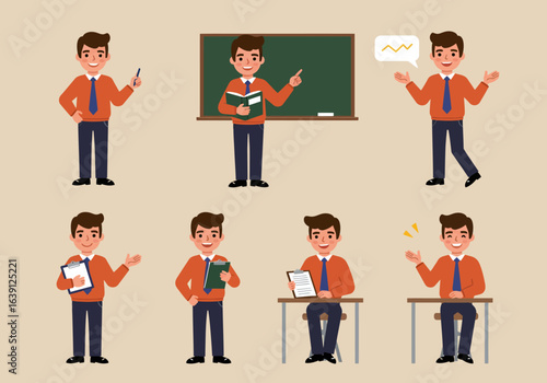 Cartoon teacher character poses in various classroom and office settings.
