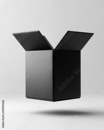 A sleek black box with open flaps, suspended in mid-air, creating a minimalist and modern aesthetic.