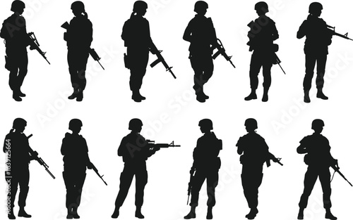 Soldier silhouette illustration, military personnel poses, rifle holding stance, black vector design, army gear, helmeted troops, tactical movement, defense concept, no background.