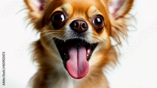 Studio portrait of adorable chihuahua dog panting and sticking out its tongue on white background