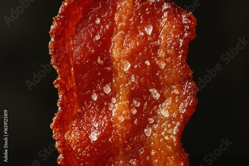 A close-up of crispy bacon strips with a dark background, showcasing their texture and color