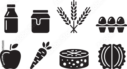 Natural food and grocery store icon set. Farm fresh ingredient symbols including milk, honey, wheat, apple, eggs, and carrot.