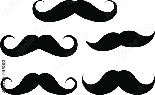 Mustache silhouette illustration, black vector design, classic facial hair styles, vintage grooming icons, decorative mustache set, retro shapes, minimal artwork, no background.