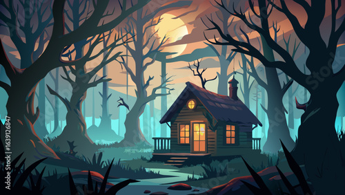 Cursed forest surrounds lonely cabin, twisted trees casting long shadows. Moonlight filters through branches, semi-realistic vector detail, creepy ambience, weathered wooden walls, eerie glow from sin
