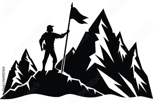 Silhouette of a Hiker Holding a Flag on a Mountain Peak Illustration