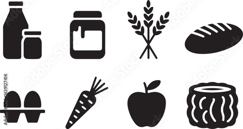 Natural food and grocery store icon set. Farm fresh ingredient symbols including milk, honey, wheat, apple, eggs, and carrot.