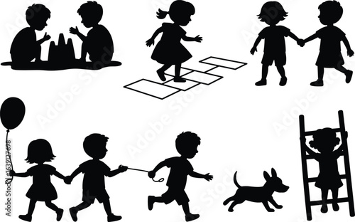 Children silhouette illustration, kids playing activities, outdoor childhood fun, social interaction, dog walking, hopscotch game, balloon holding, ladder climbing, sandcastle building, vector art.