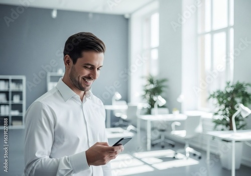 Man in a white shirt using a smartphone in a modern office