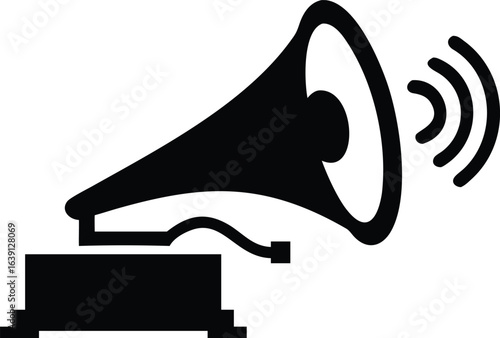 Silhouette of a Vintage Gramophone with Sound Waves on a White Background