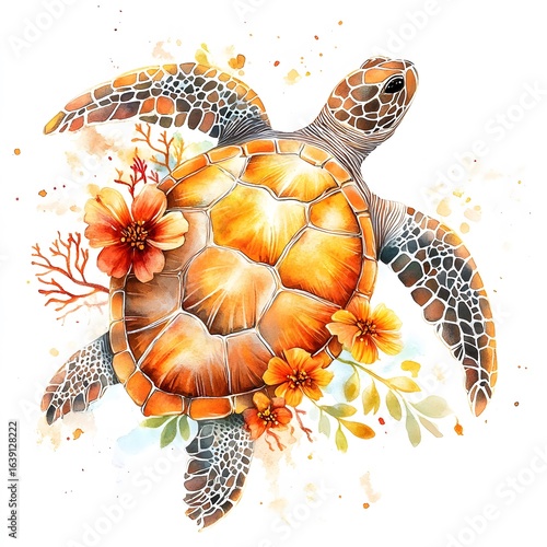 Watercolor Sea Turtle Collection – 32 Realistic Marine Life Illustrations with Tropical Flowers