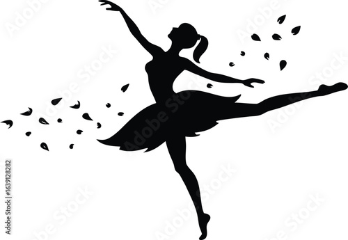 Silhouette of Ballerina Dancer Performing Ballet With Petals Falling, Isolated on White Background