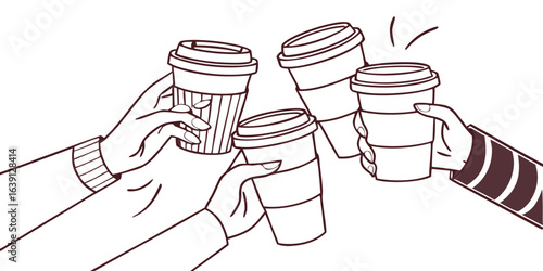 Hands of group people holding coffee in reusable cup, simple line. Together clink on break time. Fast take away drink. Takeaway drink in mug, coffee to go. Coffee lover. Vector illustration
Important 