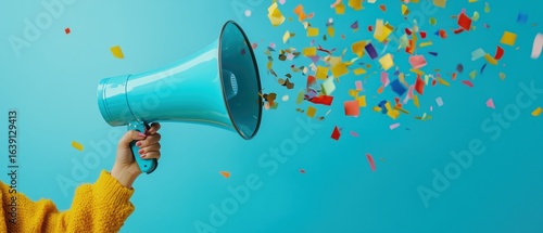 A hand holds a loudspeaker from which multicolored paper confetti flies out against a blue background.