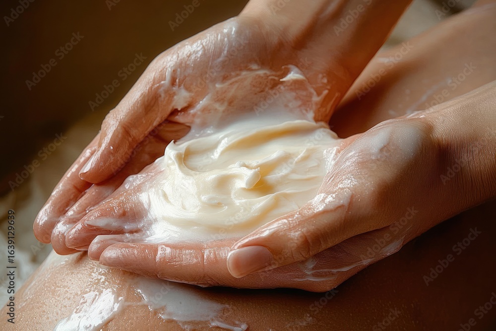 Close-up of hands holding and applying smooth white cream on wet skin in a moisturizing skincare routine Close-up of hands holding and applying smooth white cream on wet skin in a moisturizing skincare routine