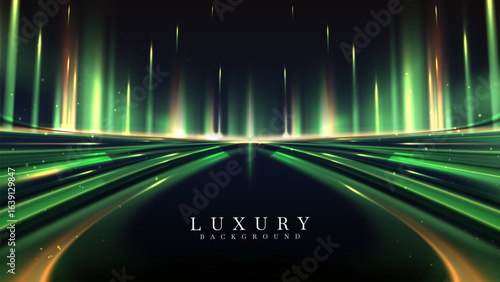 Green northern lights scene glowing in the night sky decorated with golden glow effect and stars, Luxury style background design concept. Elegant stage modern.
