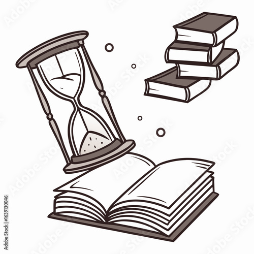 An hourglass is tipping over an open book with a stack of books floating above symbolizing the passage of time and knowledge