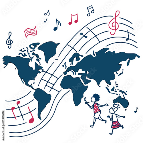 Children dancing around the world with musical notes and a treble clef symbolizing global harmony