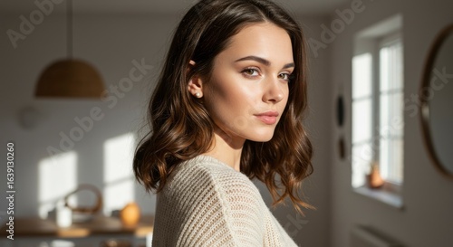 Young woman in a cream sweater looking to the side in a sunlit room