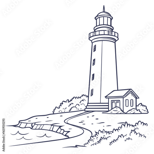 Coastal lighthouse landmark with adjacent building and winding path by the water
