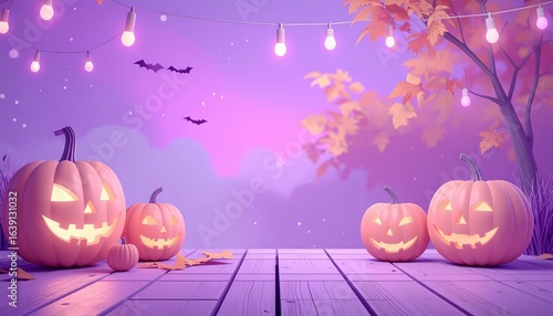 Happy Halloween banner or party invitation background with clouds, bats and pumpkins in paper cut style. Vector illustration. Full moon in orange sky, spiders web and witch cauldron. Place for text. 