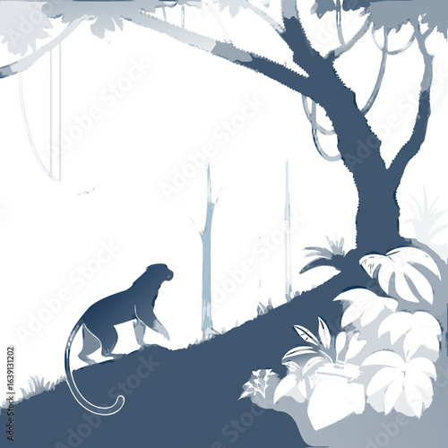 Silhouette of a sleek panther cautiously moving through a dark moonlit jungle with lush foliage and vines