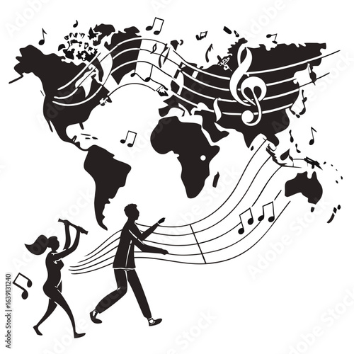 Silhouettes of a couple playing music on a world map with musical notes and staves flowing across continents