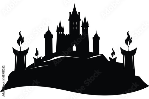 Silhouette of Fantasy Castle with Towers and Lit Candles Against a White Background