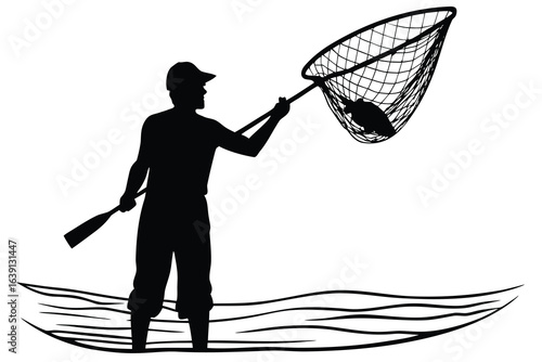 Silhouette of Fisherman Landing a Fish with a Net from a Small Boat