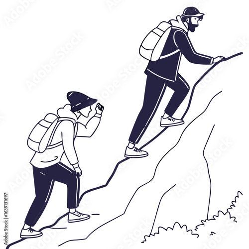 Two hikers with backpacks climbing a steep rocky mountain trail together exploring nature
