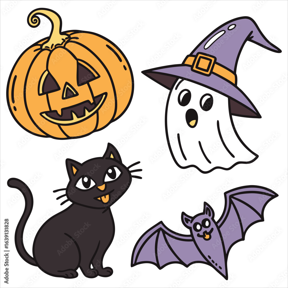 Obraz premium Halloween. Halloween Icon Set. Halloween set clipart vector. Halloween Flat Design Icon Set. Set of Halloween Pumpkins Silhouette. Halloween cartoon vector.