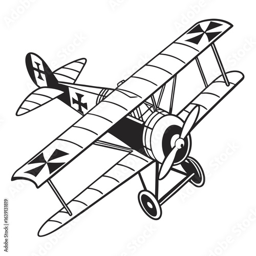 Vintage world war one german biplane fighter aircraft with cross markings in black and white