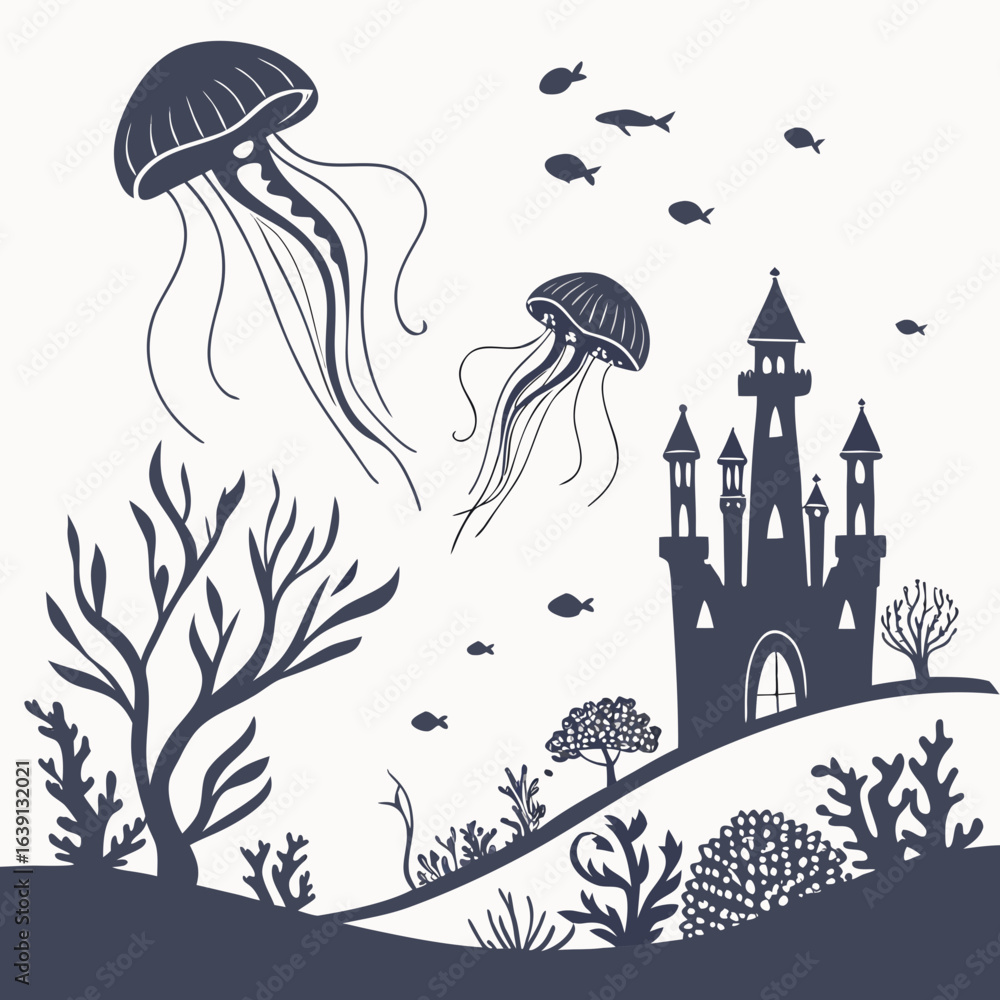 Fototapeta premium Whimsical underwater scene with two jellyfish swimming near a silhouette of a fairytale castle and coral reefs