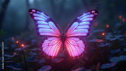 Glowing Pink and Blue Cybernetic Butterfly in Dark Forest Night Garden Setting with Small Illuminated Plants