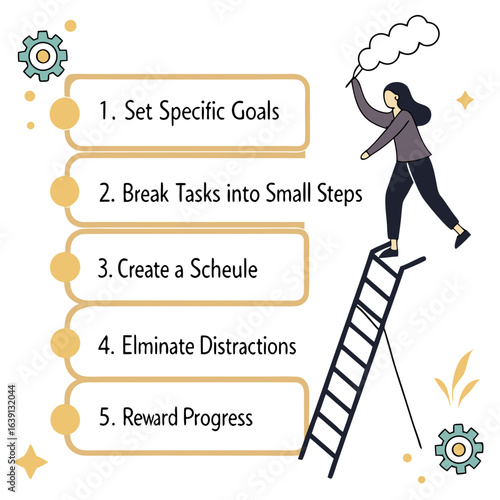 Woman climbing ladder to achieve goals by setting specific tasks breaking them into small steps creating a schedule eliminating distractions and rewarding progress