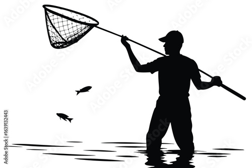 Silhouette of Man Fishing with Net in Water Catching Two Fish