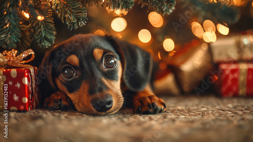 Adorable dachshund puppy under Christmas tree with festive lights and gifts